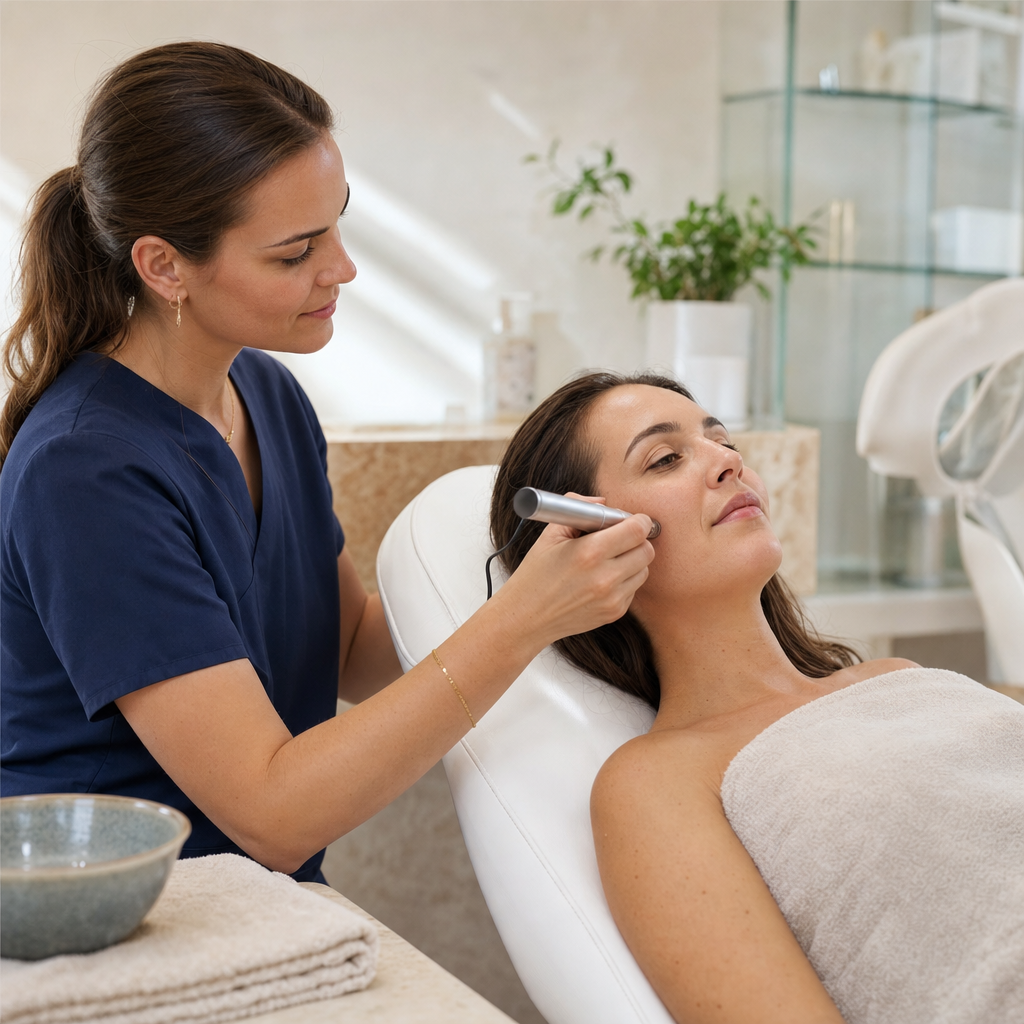 Kosmetische Microneedling-Behandlung an einer Wange in einem hellen Studio ohne sichtbare Nadeln.