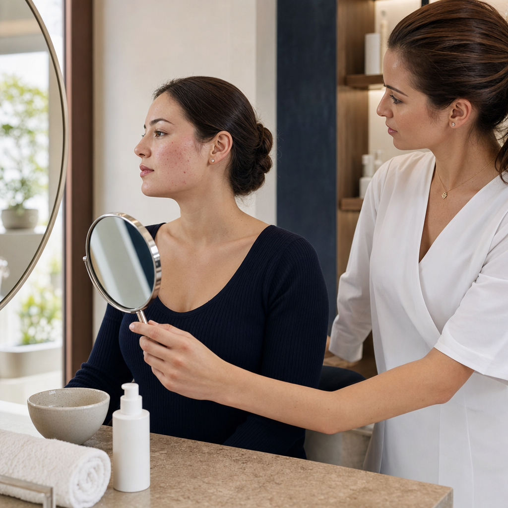 Beratungsszene zur Frage, ob Microneedling bei aktiver Akne zu früh sein kann
