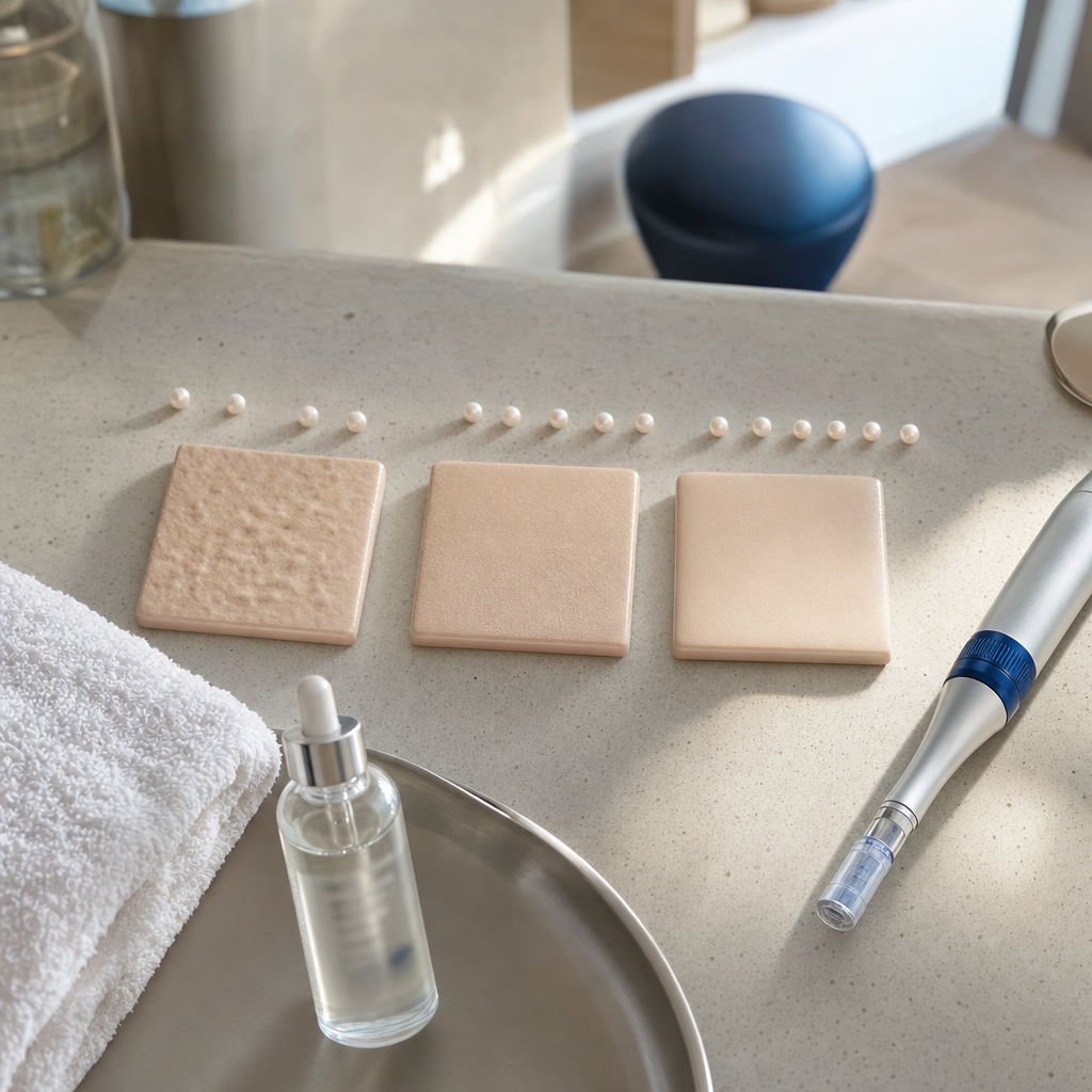 Textfreie Infografik mit Hautstruktur-Kacheln und Microneedling-Gerät zur Erklärung von Hauterneuerung.