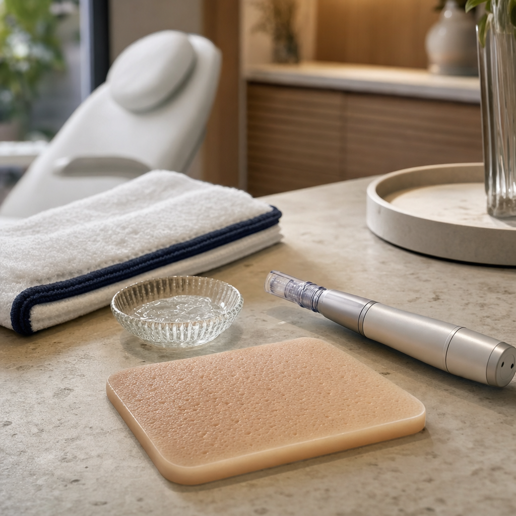 Microneedling-Pen neben einer Hautstruktur-Probe in einem ruhigen Studio-Setting.