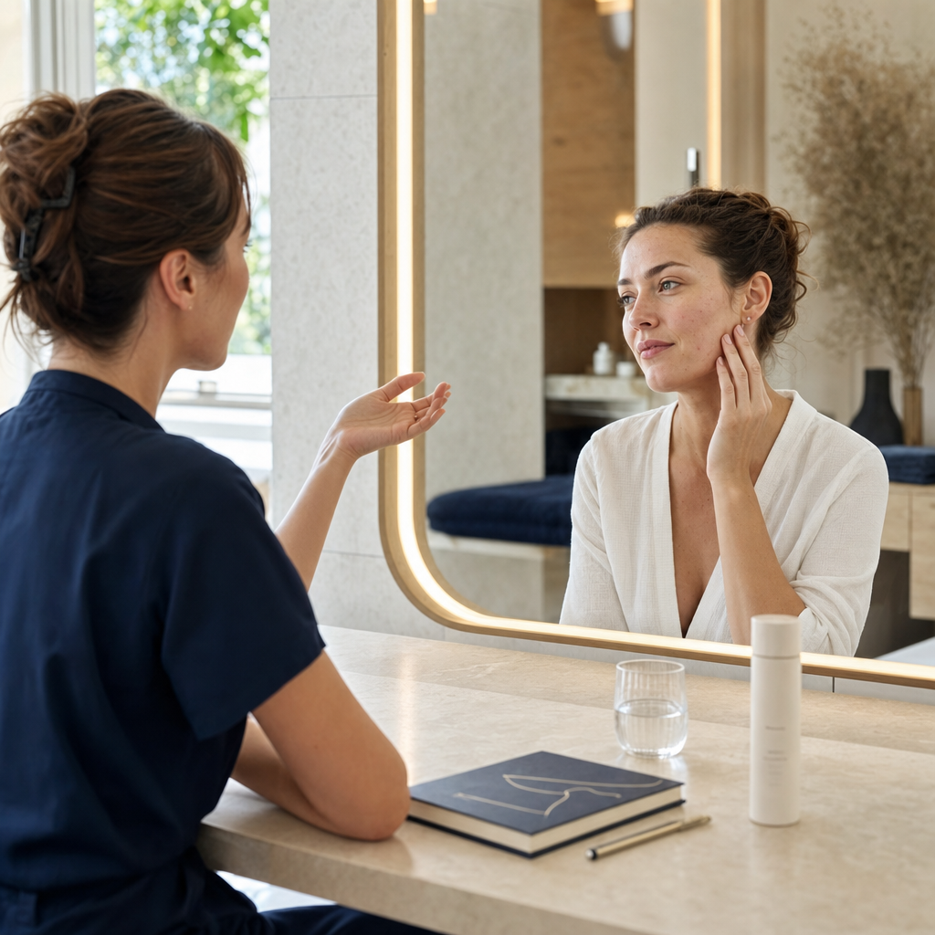 Kundin und Kosmetikerin besprechen unreine Haut vor möglichem Microneedling.