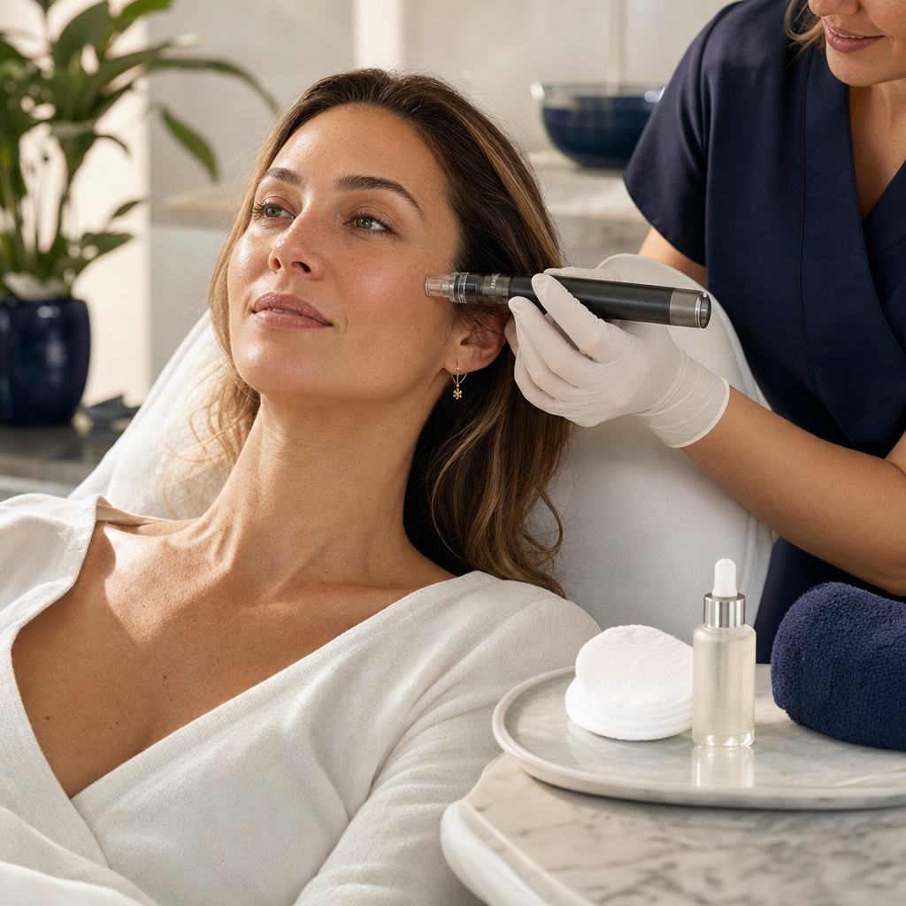 Kosmetikerin hält ein Microneedling-Gerät vorsichtig nahe an das Gesicht einer entspannten Kundin