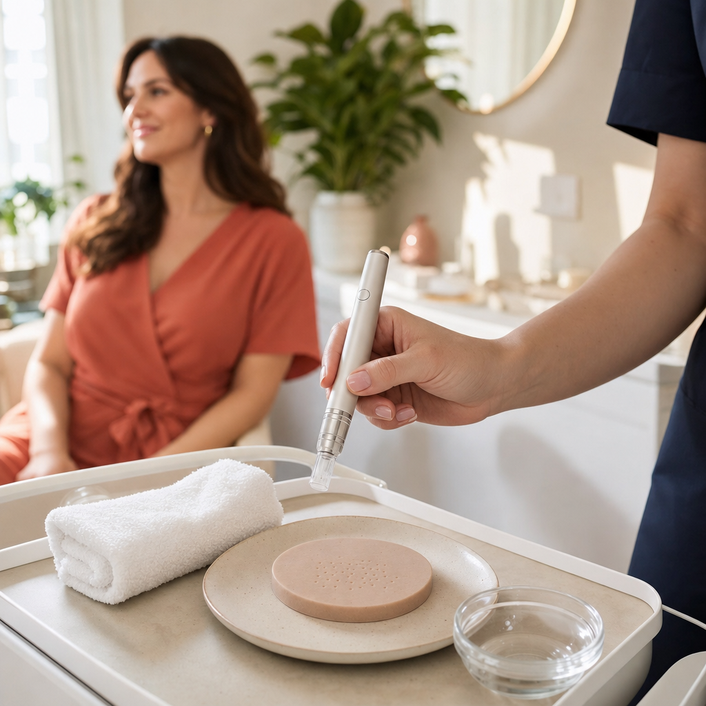 Microneedling-Pen neben einer Hautstruktur-Probe in einem hellen Kosmetikstudio