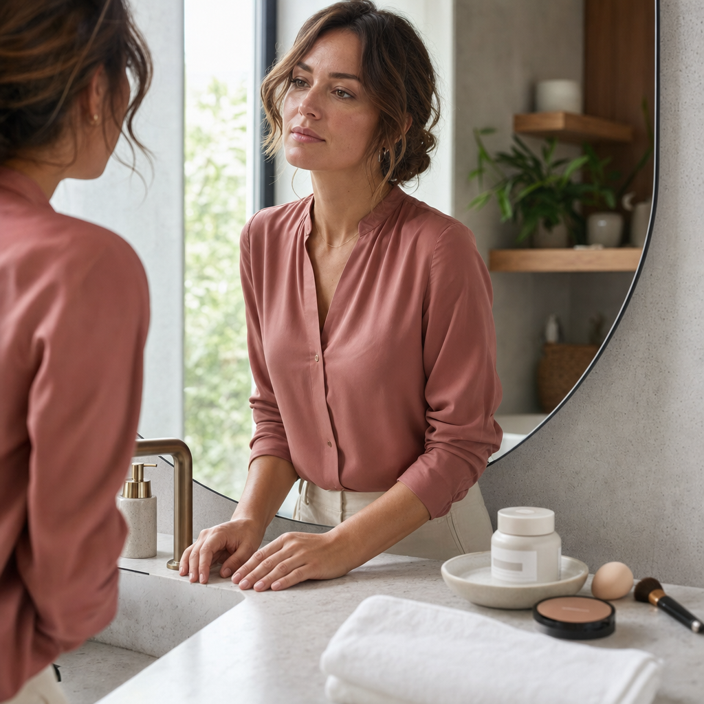 Person am Badspiegel mit zurückgestelltem Make-up und sanfter Pflege nach Microneedling