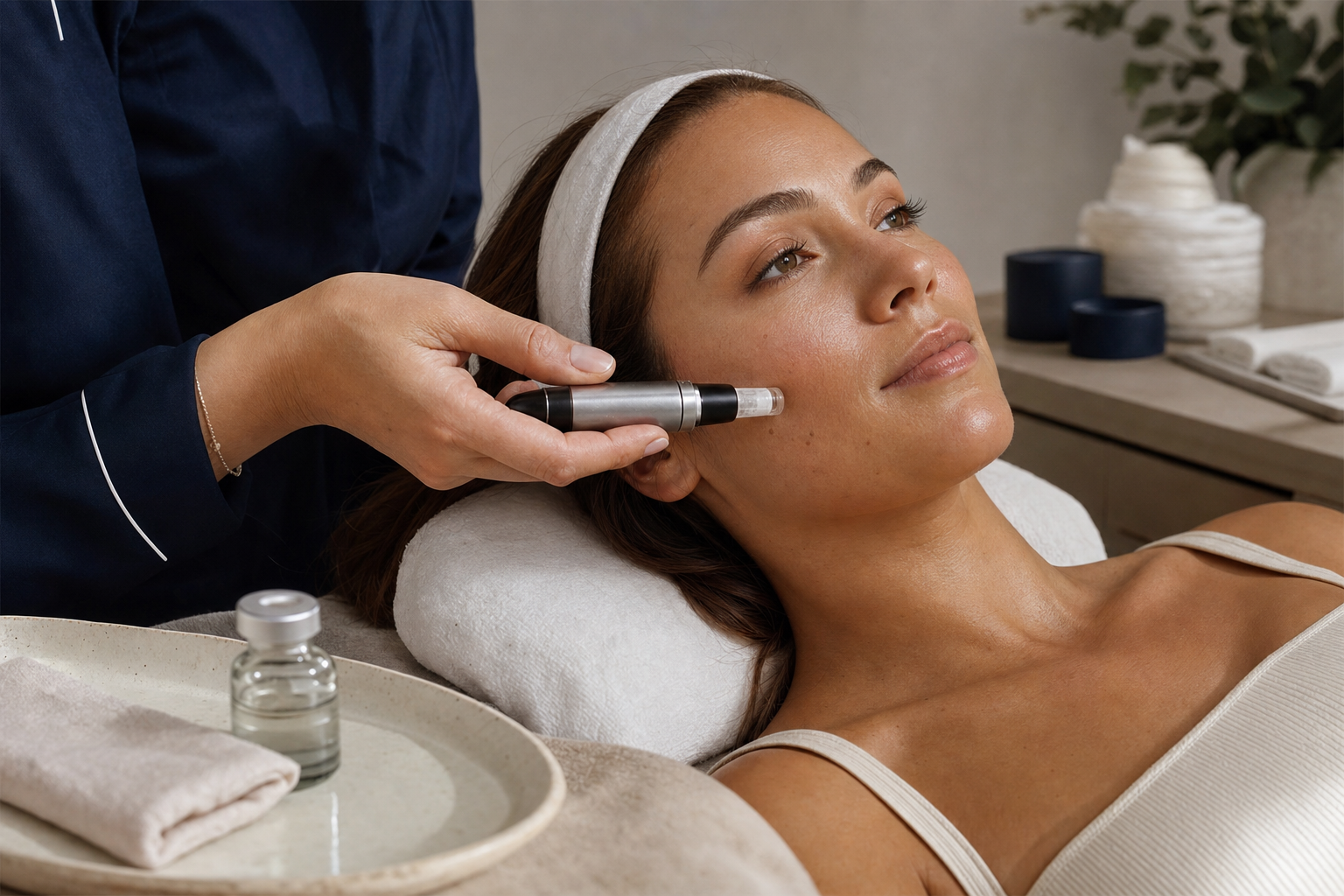 Kosmetische Microneedling-Behandlung an der Wange in einem ruhigen Studio