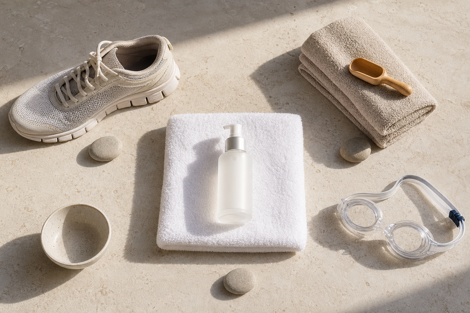 Hand legt Sonnenschutz neben Make-up auf eine saubere Ablage nach Microneedling.
